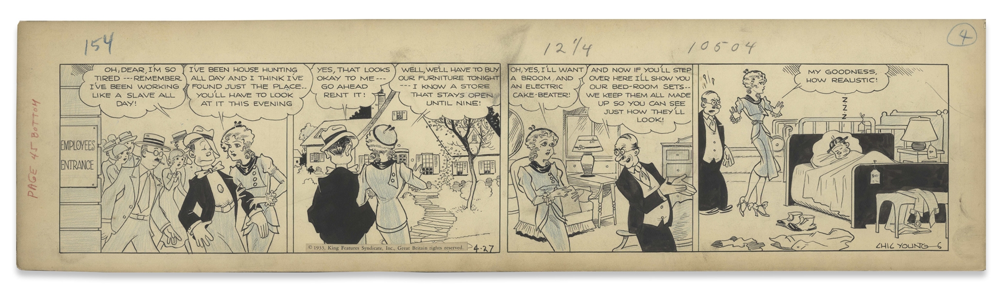 Chic Young Hand-Drawn ''Blondie'' Comic Strip From 1933 Titled ''A Satisfied Customer'' -- Blondie & Dagwood Buy Furniture for Their New Home, Including a Bed That Dagwood Tests Out